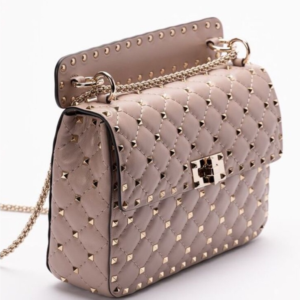 Valentino Metallic Rose Gold Quilted Studded Handbag